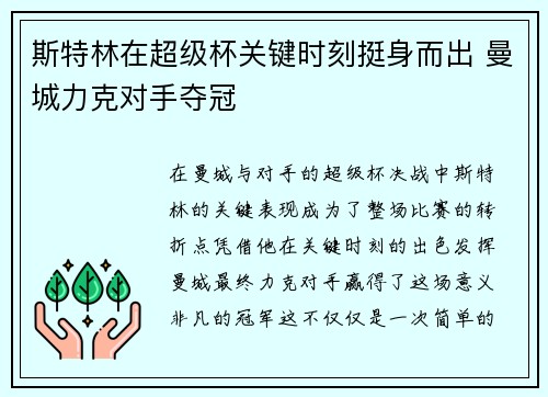 斯特林在超级杯关键时刻挺身而出 曼城力克对手夺冠 斯特林在超级杯关键时刻挺身而出 曼城力克对手夺冠